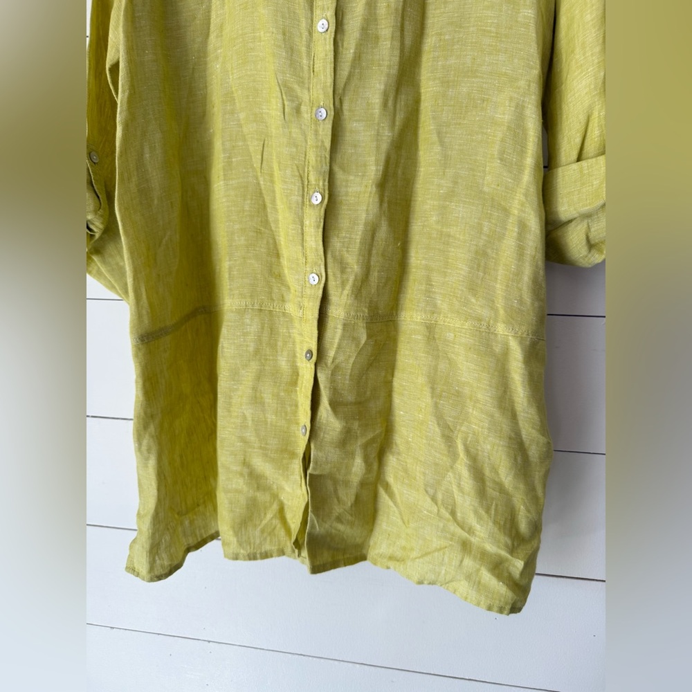 TAHARI Chartreuse 100% Linen Collared Button Front Blouse Shirt Tunic Size Large - Picture 3 of 6